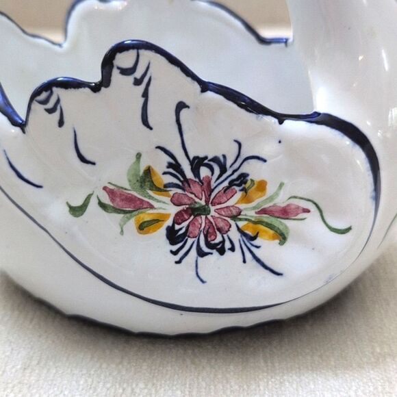 Elegant Hand Painted White Swan Ceramic Art Piece Floral Swan Planter Bowl - Picture 8 of 11